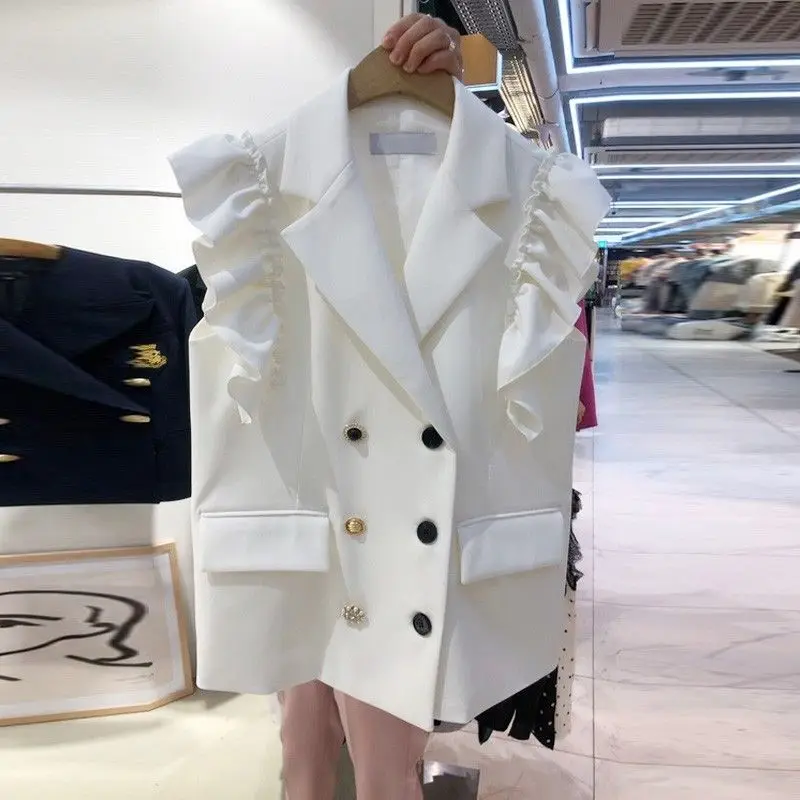 

Korea 2023 New Spring Summer Women Thin Suit Vests Coat Elegant Double-breasted Ruffles Sleeveless Jacket Casual Waistcoat