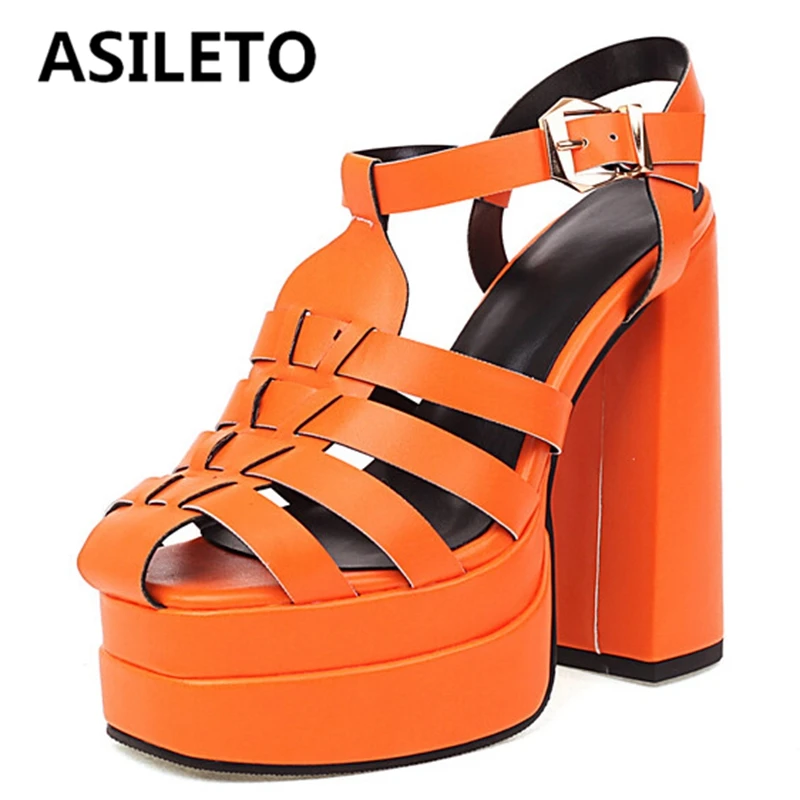 

ASILETO New Women Platform Sandals High Heels Checkered Strap Rome Style Large Size 35-48 Solid Black Green Pink Summer S3126