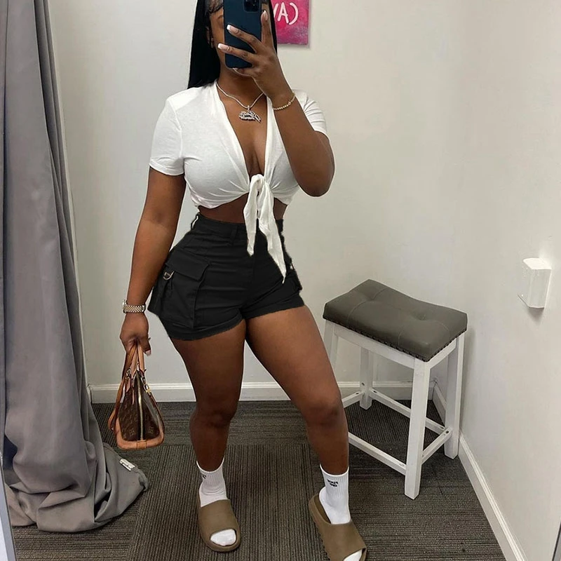 Women Fashion Solid Cargo Shorts Summer Casual High Waist Pocket Skinny Bottoms Sexy Nightclub Party Y2K Streetwear S-XXL