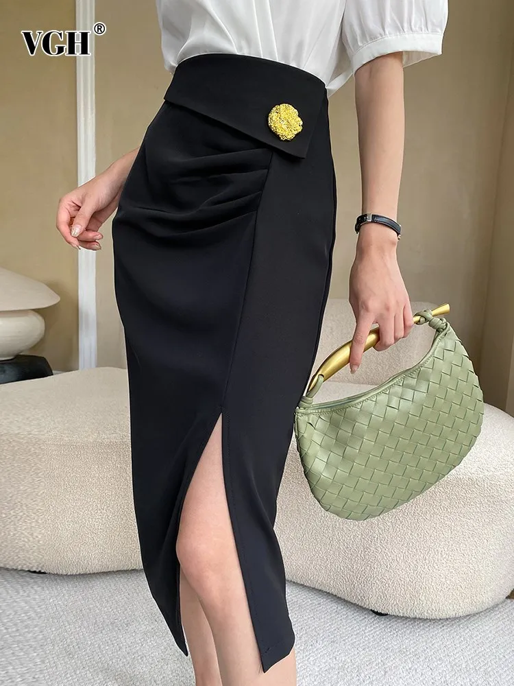 

VGH Solid Elegant Skirts For Women High Waist Bodycon Patchwork Folds Split Slimming Temperament Skirt Female Fashion Clothing