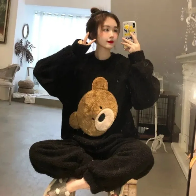 

Coral Fleece Pajamas Women's Winter Cute Bear Plus Velvet Thickened Warm Flannel 2023 New Home Clothing Set