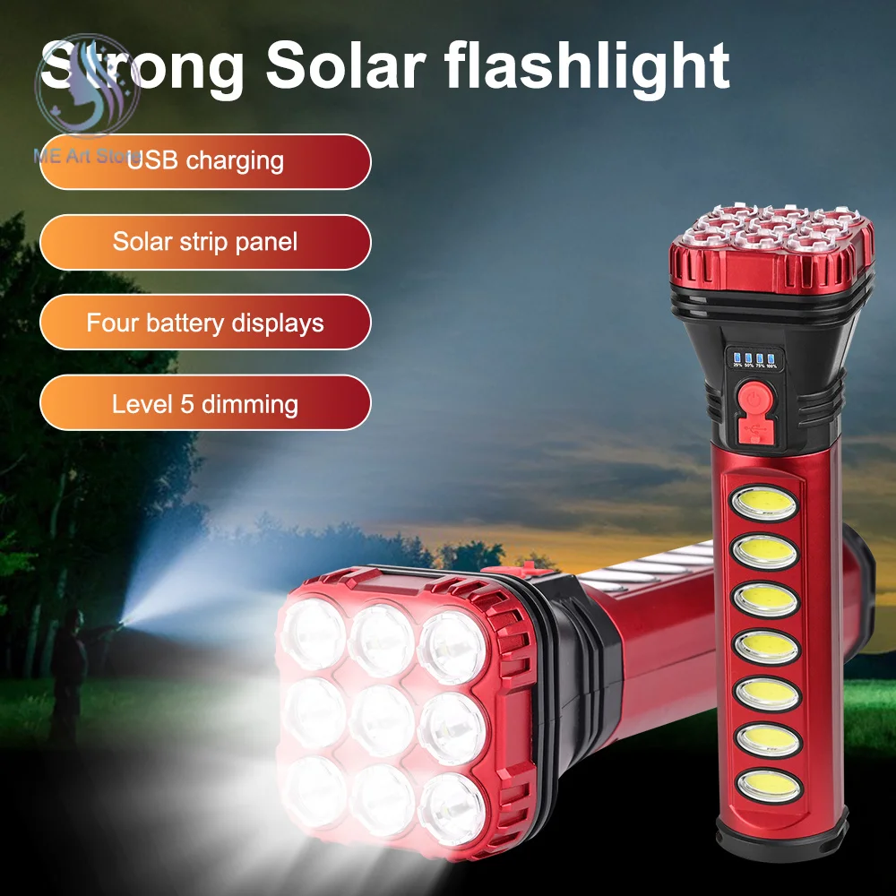

USB Solar Charging Flashlight Built-in Battery Torch with Side Lanterna Waterproof Multifunction Outdoor Emergency Light