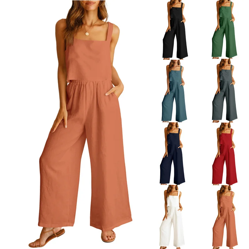 

Women Vest Cami Top+Shorts Solid Color Summer Vacation Set Square Neck Tracksuit Casual Pockets Simple Trendy Clothes