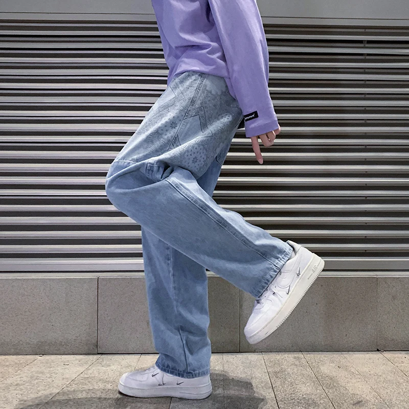 2022 Spring New Men's Light Blue Baggy Jeans Korean Fashion Denim Harem Pants Printed Panel Straight-leg Trousers Male