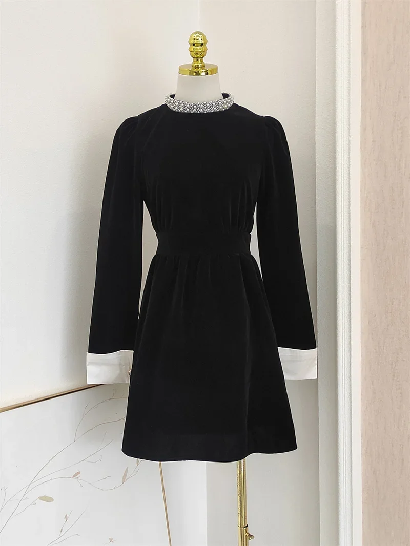 

2023 Fall Winter New Arrival Fashion Women Full Sleeve Embroidered Flares Velvet Spliced Black Casual Slim Mini Dress
