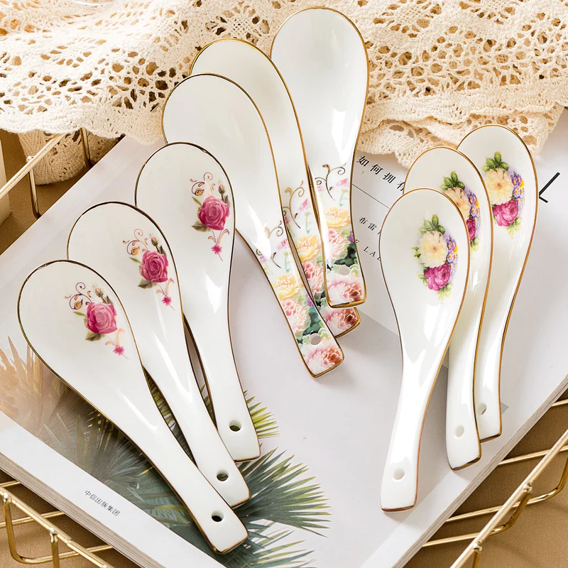 

Ceramic spoon small spoon long handle spoon stirring spoon Bone China big spoon golden size spoon Swan flower basket