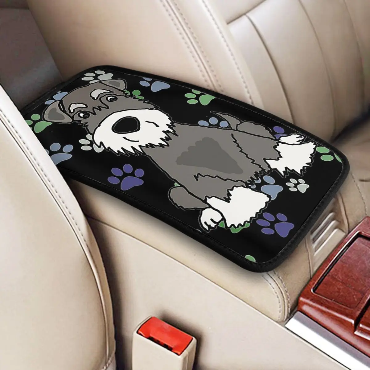 

Four Seasons Car Armrest Cover Mat Cute Miniature Schnauzer Dog And Paw Waterproof Center Console Cover Pad Car Accessories