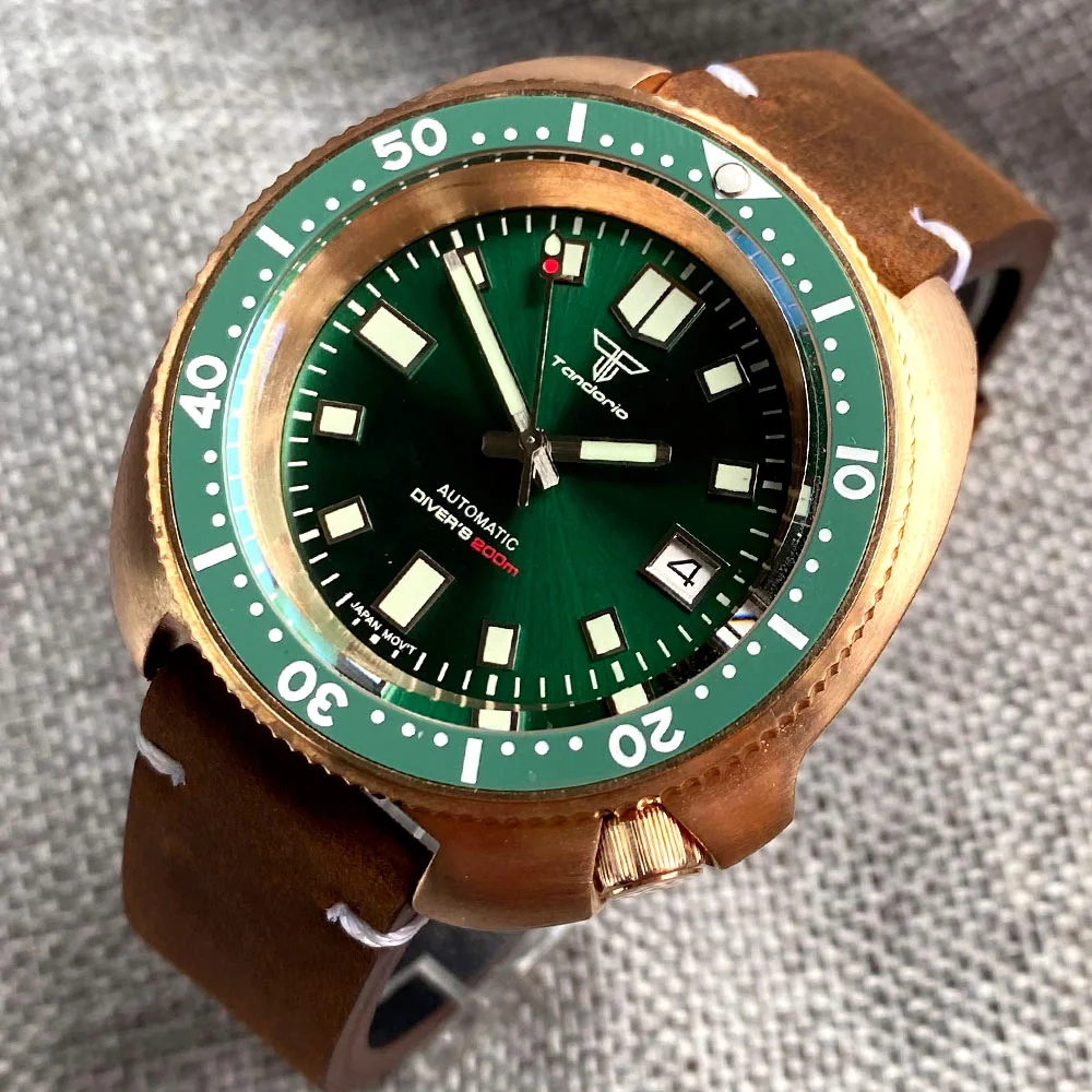 

Diving 20Bar CUSN8 Solid Bronze Mechanical Watch for Men Turtle NH35A Wristwatch Sunburst Green Sports Watches Montre Homme