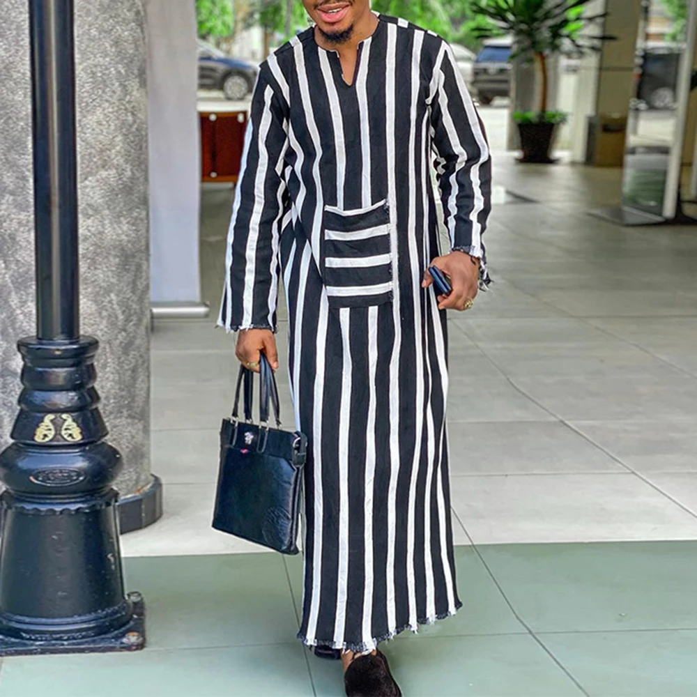 Casual Raw Edge Design Striped Top Muslim Robe Loose Long Sleeves Middle Eastern Arabic Men's Wear Islamic Ethnic Prayer Drees