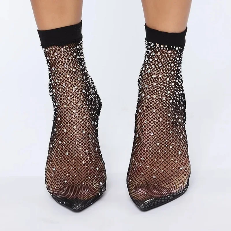 Bling Bling Crystal Mesh High Heels Ankle Boots Patchwork Pointy Toe Black Stretch Boots Slip On Women Banquet Dress Shoes