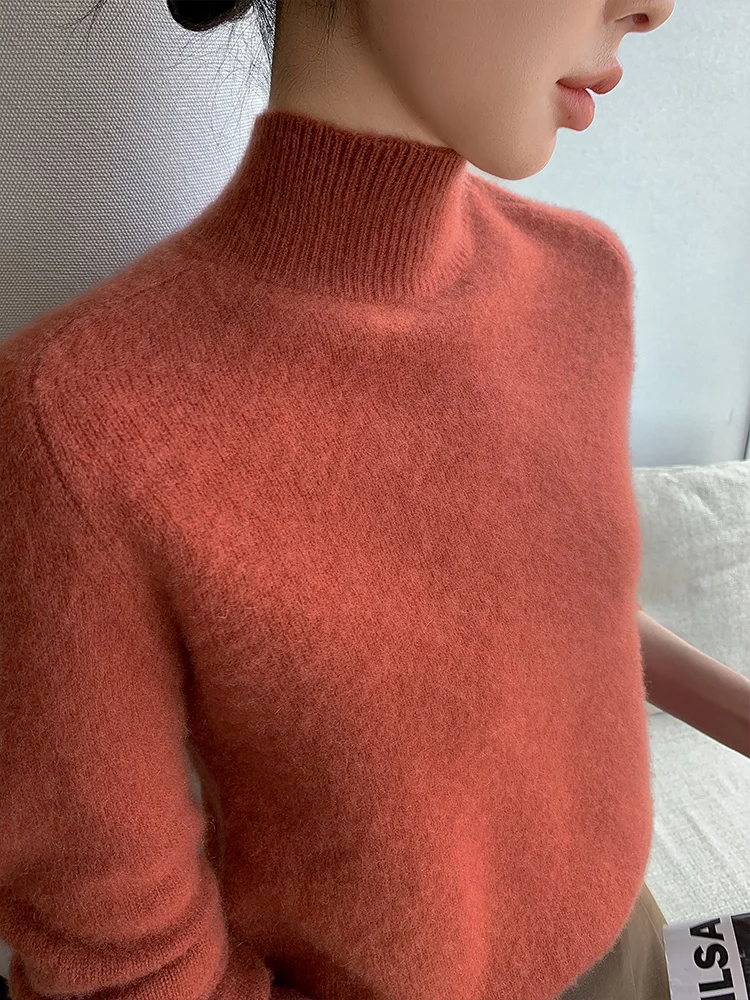 2024 Autumn and Winter New Pure Wool Sweater Women Thickened Half-high Collar Loose Angora Knitted Bottoming Shirt