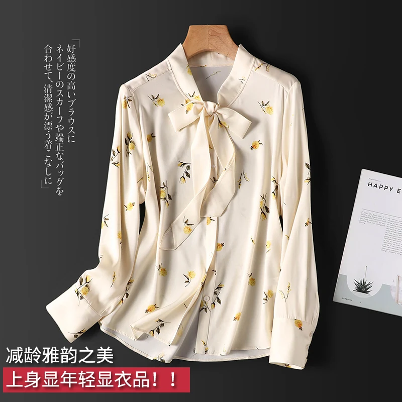 

Poplin Prairie Chic Blusas Mujer De Moda 2022 Verano Elegantes Bow Collar Print Single Breasted Women's Long Sleeve Silk Tops