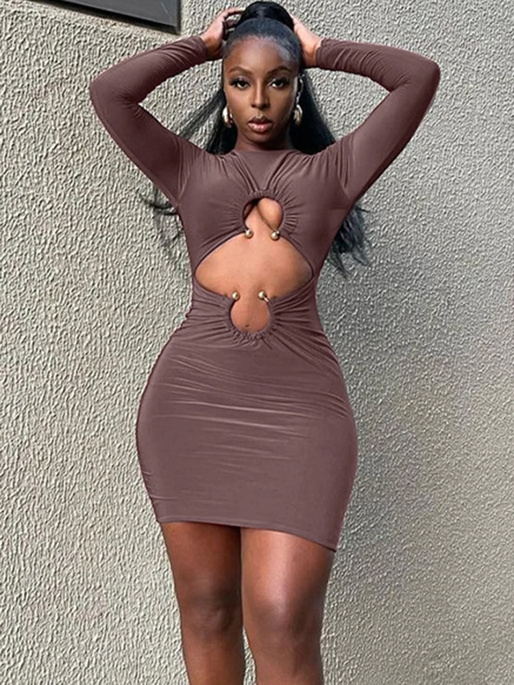 

Sifreyr Hollow Out Long Sleeve Bodycon Dresses For Women Solid Color O-Neck Sexy Mini Dress 2022 Female Elegant Party Vestidos