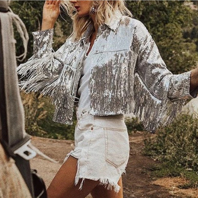 

Harajuku Unisex Sequin Fringed Dance Performance Bomber Jacket Beaded Cardigan Coat Autumn Silver Gold Shiny Tassels Outtwear