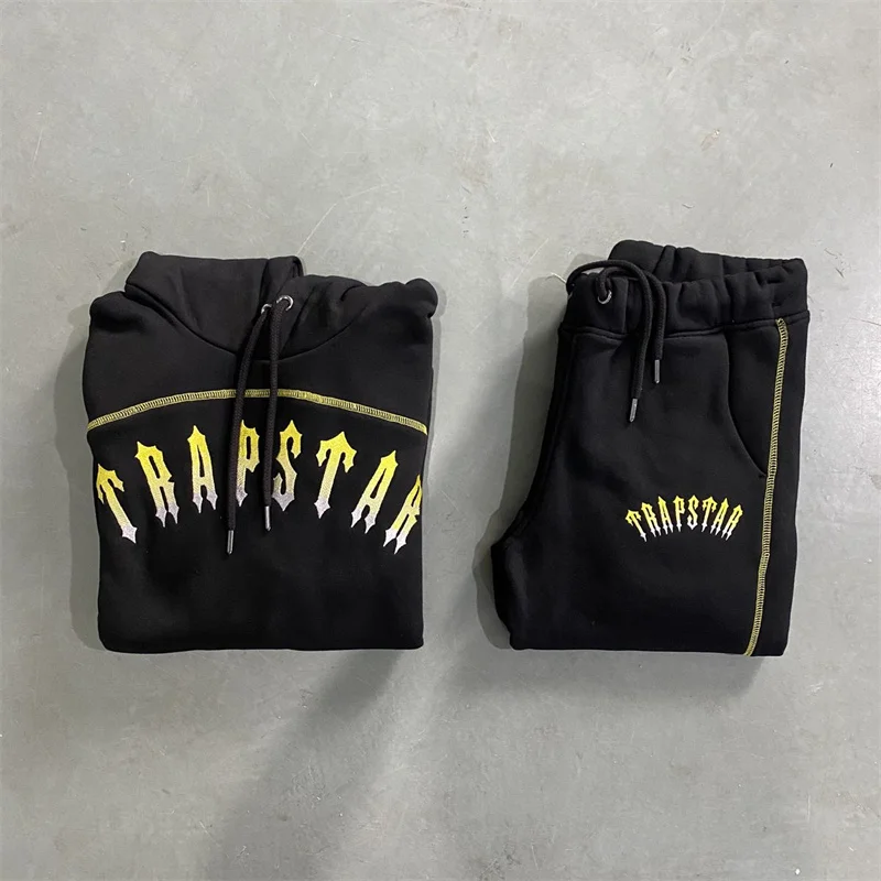 

Top Quality Gold Letter Embroidery Black Paneled Women Hoodie Hot Sell Jogger Pants Trapstar Tracksuits Suit Men Central Cee Set