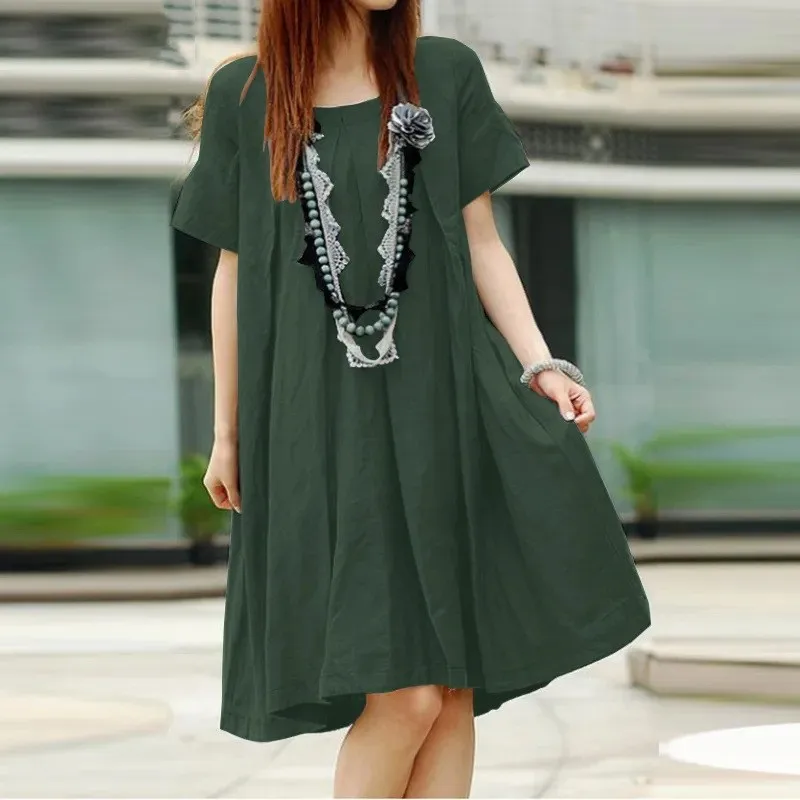 

Винтажное Летнее мини-платье для женщин, новое модное повседневное свободное Плиссированное однотонное платье с круглым вырезом и коротки...