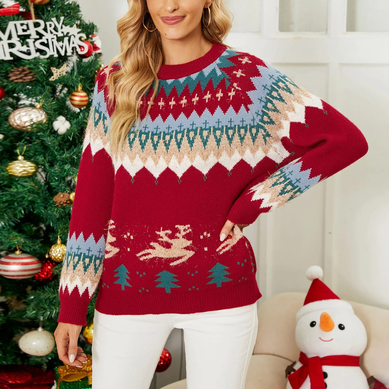 

Женские свитера и пуловеры в Корейском стиле, осенне-зимний пуловер с цветными блоками, джемпер с оленем на Рождество, 2022