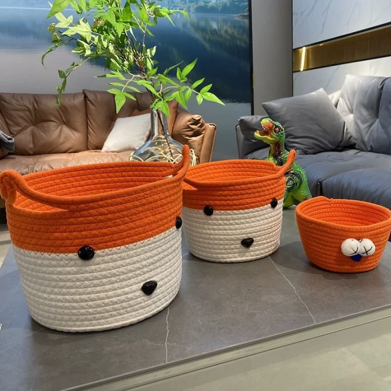 

Cartoon Storage Basket Hand-Woven Cotton Thread Snacks Toys Sundries Desktop Organize Basket Living Room Decoration Accessories