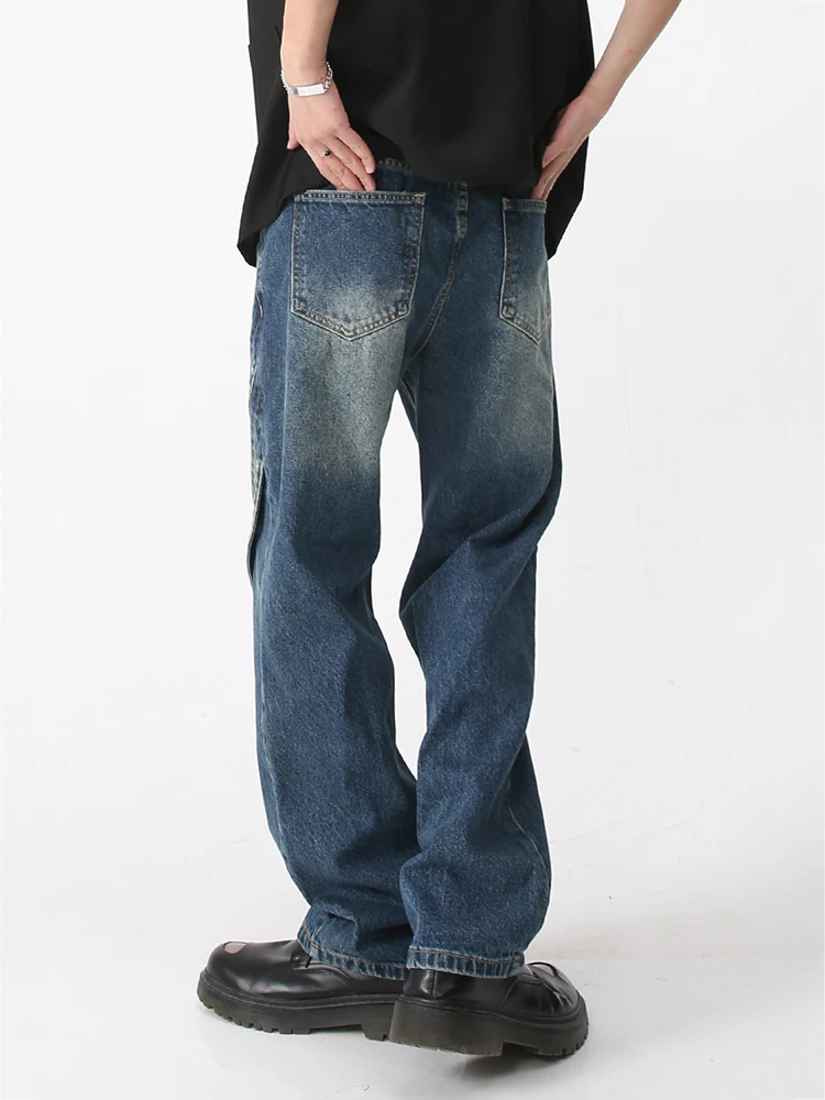Men's Fashion Wear Patchwork Korean Streetwear Fashion Straight Middle Waist Blue Jeans Casual Denim Trousers Men Pants Denim