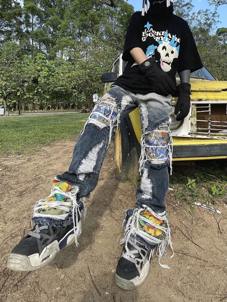 

High Street Destruction Washed Embroidered Hole Jeans Women's Retro Hip-Hop Straight Pants Women's Loose Street Style Trousers
