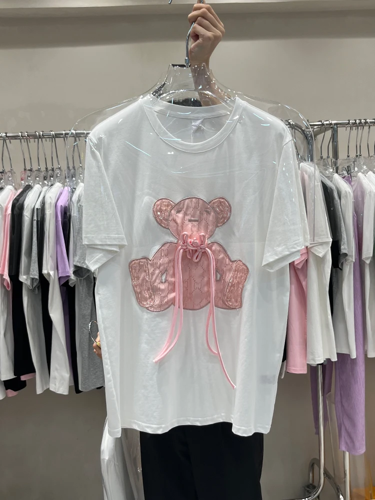 

Fashion Short Sleeve White T-shirt 2022 New Summer Women Clothes Pullovers Top All-match Loose Shoelace Cartoon Cotton Tshirt