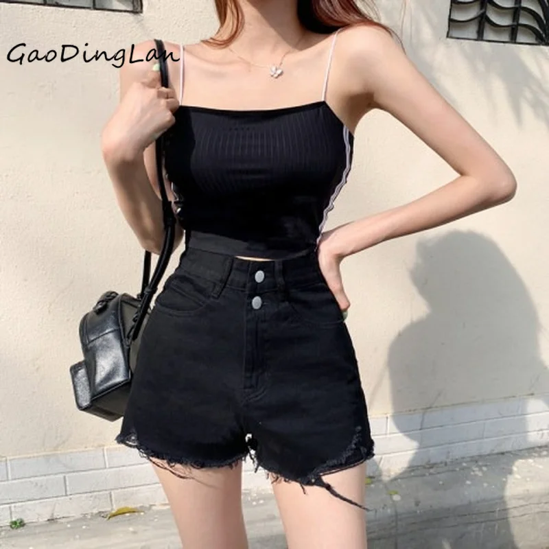 

GAODINGLAN New Summer Women High Waist Black Denim Shorts Female Loose Wide Leg Ultra Short Pants Trend Burr Solid Hot Shorts