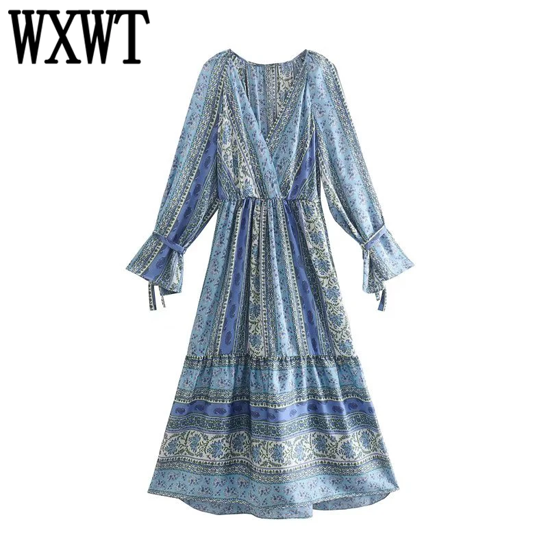 

WXWT Women Patchwork Print Dress Long Sleeve V Neck Female Spring High Street Midi Dress Vestidos OZZ1493
