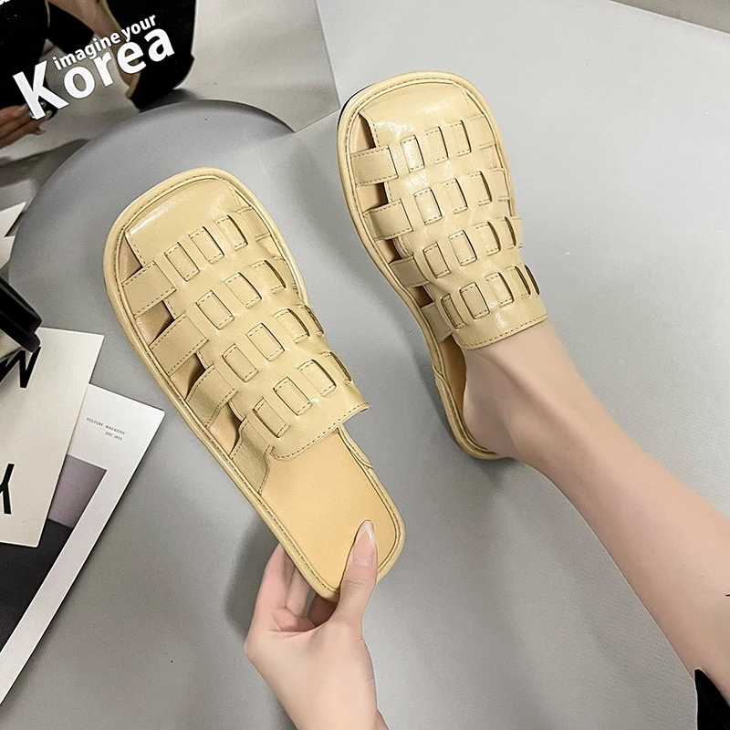 

Slippers Casual Summer Women's Shoes Cover Toe Low Fretwork Heels Pantofle Slides Luxury Rubber 2022 Flat Basic PU Fabric Rome