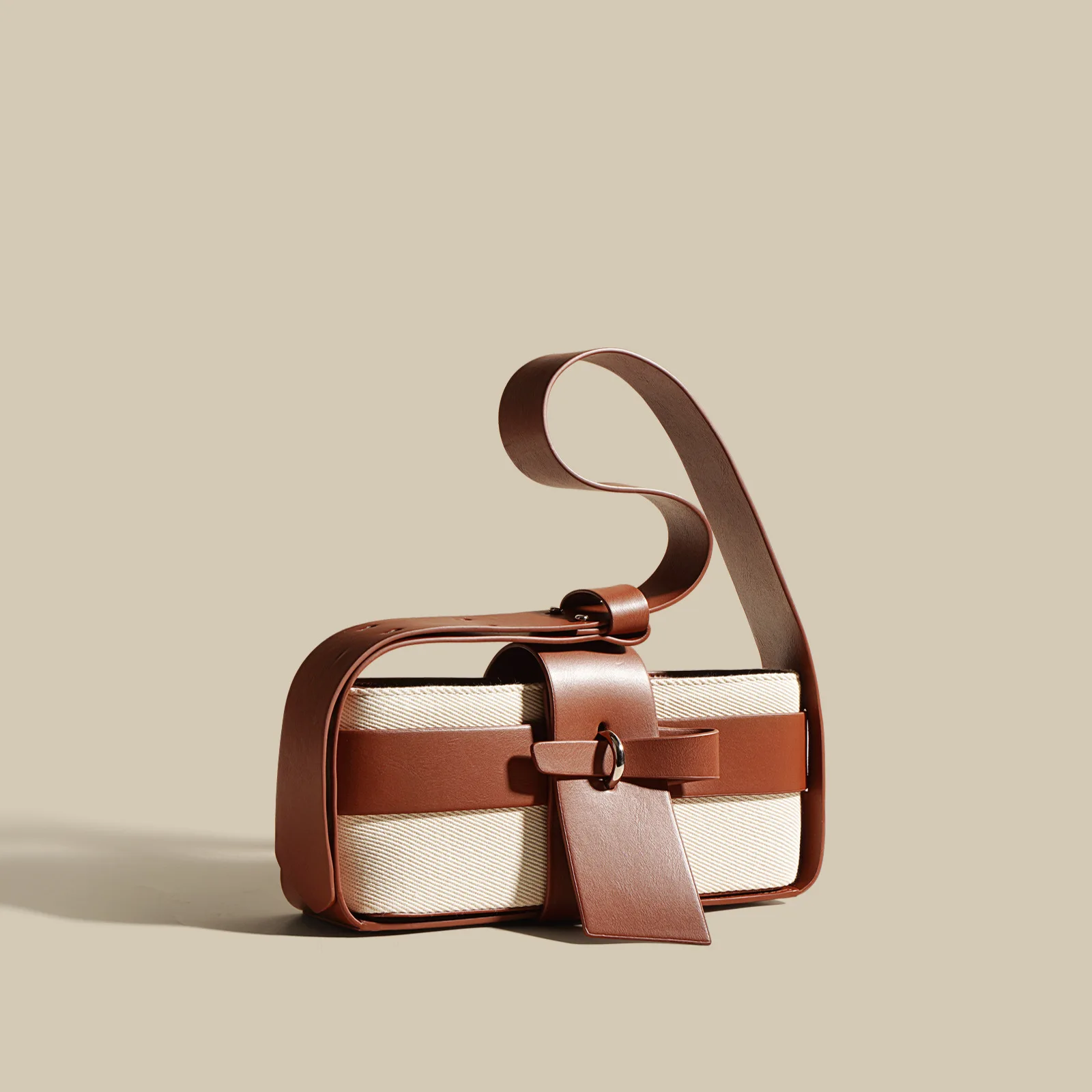 

FIRMRANCH Simple Top-Quality Cowhide Stitching Canvas Niche Design Contrast Color Shoulder Underarm Bag Female Chic Purse Bow