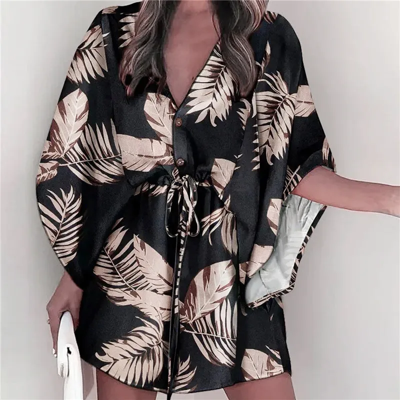 

Summer Beach Mini Dresses Women Boho Casual Print V Neck Dress Lace Up Button Batwing Sleeve Loose Female Sexy Party Dress