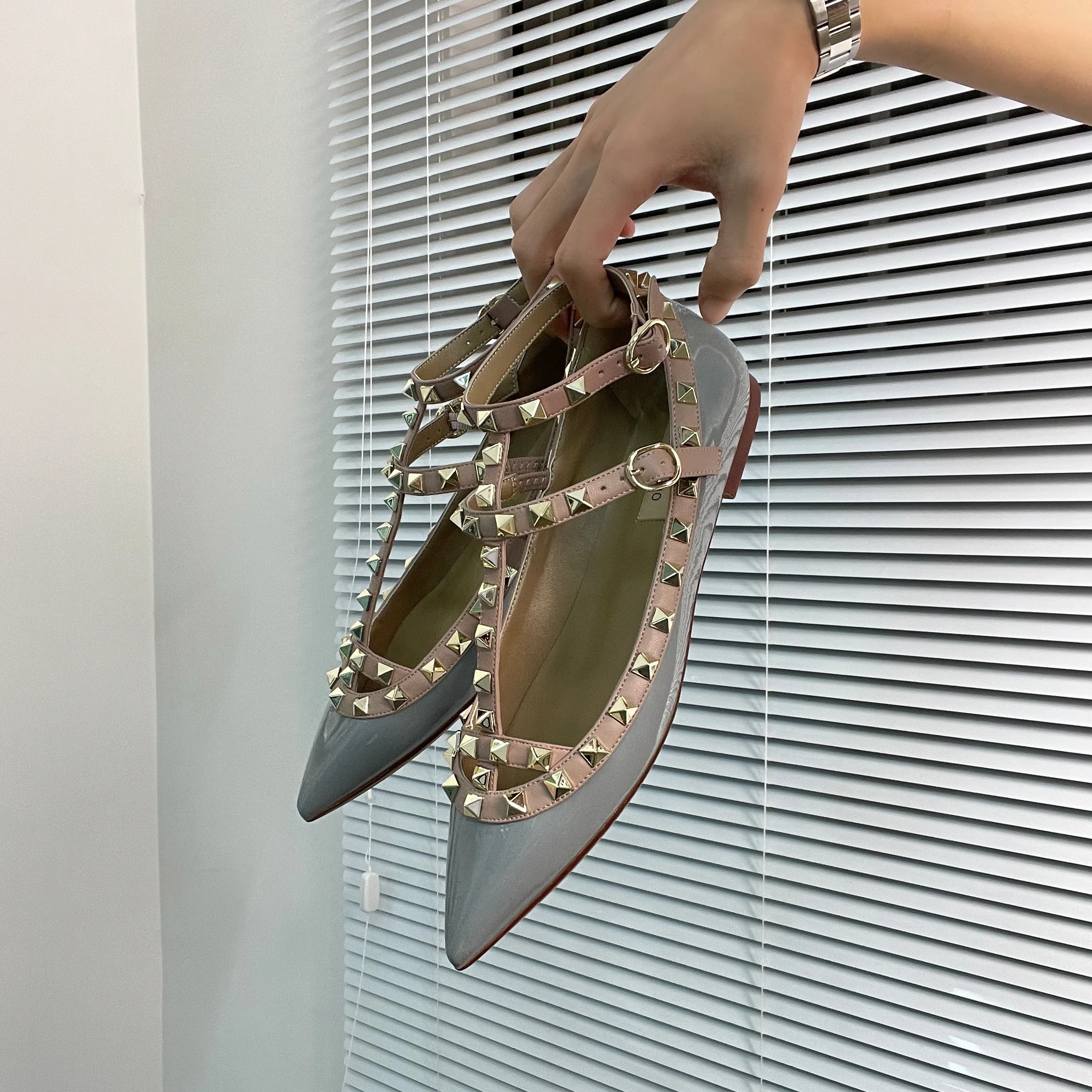 Riveted Pointed Flat Shoes 2023 New Spring/Summer Shallow Cut Genuine Leather Single Shoe Fashion Temperament Women's Sandals 41