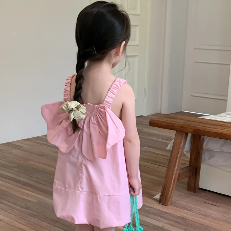 

2023 Summer Girls Dress Solid Color Back Bownot Sling Dress for Kids Girl Bud Princess Dress