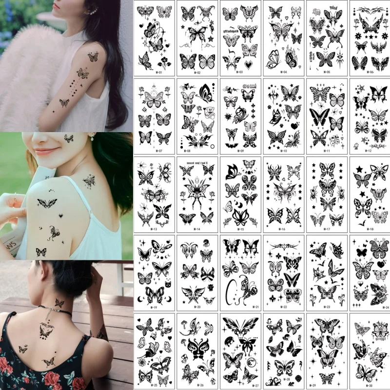 30 шт./лот водонепроницаемые временные татуировки наклейки черная бабочка