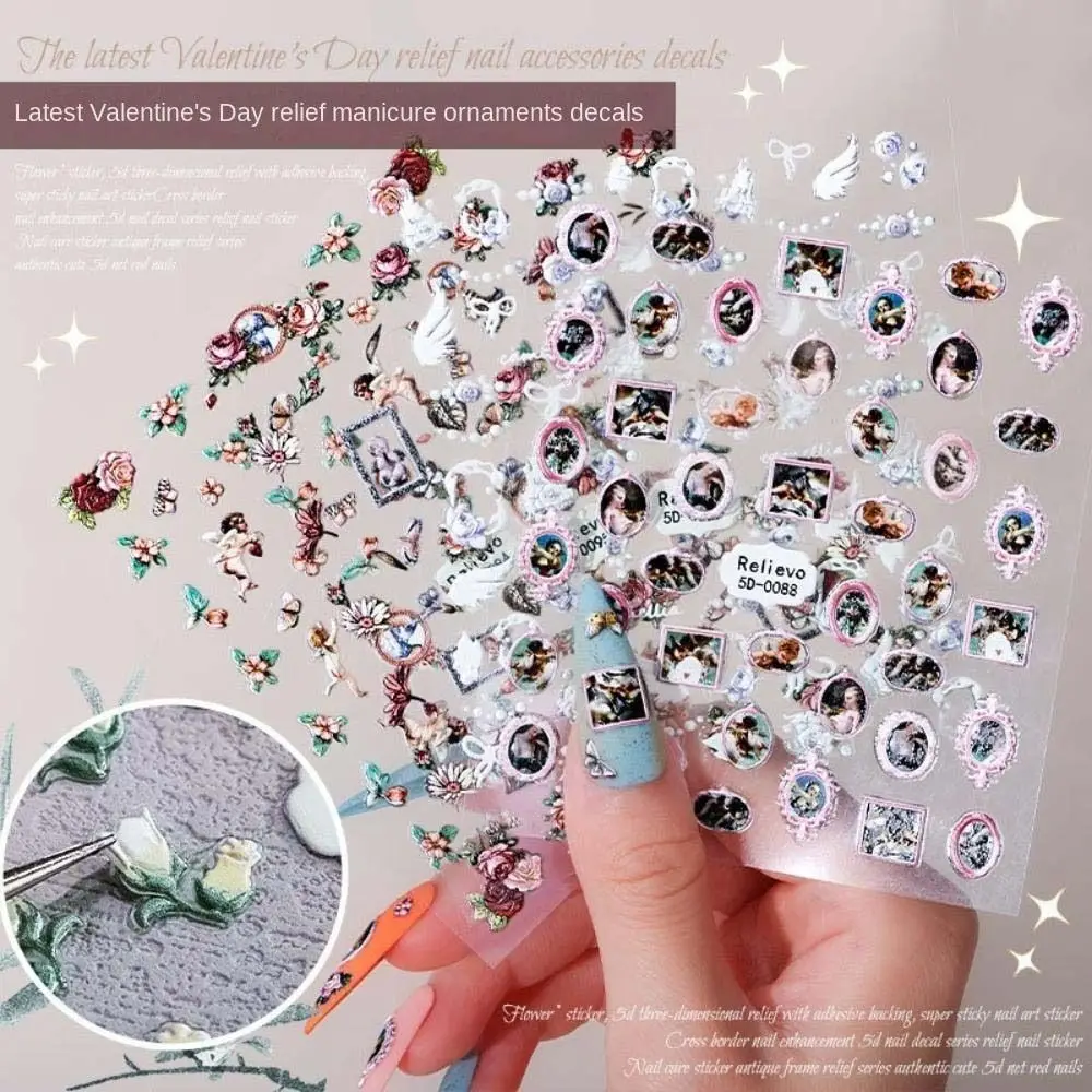 

3D Small Flower Camellia Relief Nail Sticker Popular Angel Unique Rose Fingernail Decal INS Vintage Sweet Girls Fingertip Salon