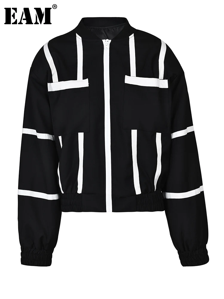 

[EAM] Black Color-block Big Size Casual Jacket New Stand Collar Long Sleeve Women Coat Fashion Spring Autumn 2023 1DF8598