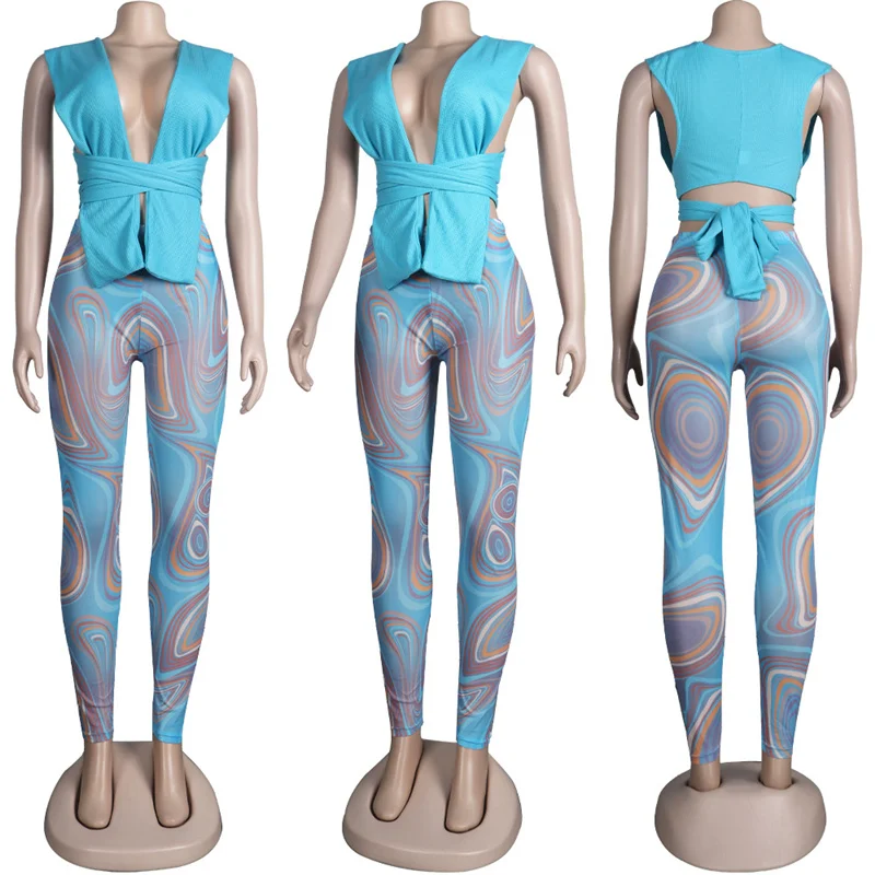 Sexy Two Piece Outfits for Women Club Wear Co Ord Sets Knitted Bandage Tops and Printed Leggings Party Matching Sets Undefined