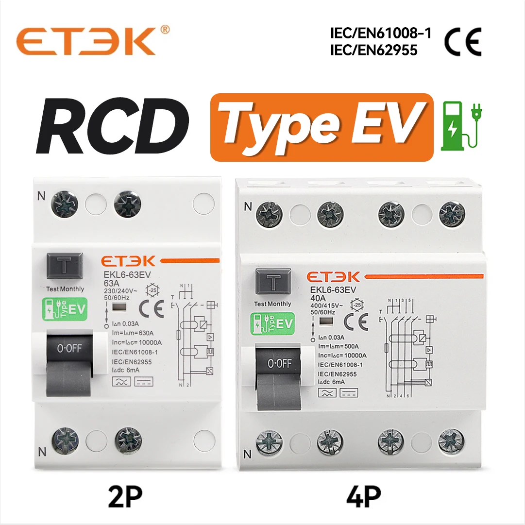 

ЕТЕК RCCB Тип EV 2P 4P УЗО для зарядных станций электромобилей 40А 63А 30мА