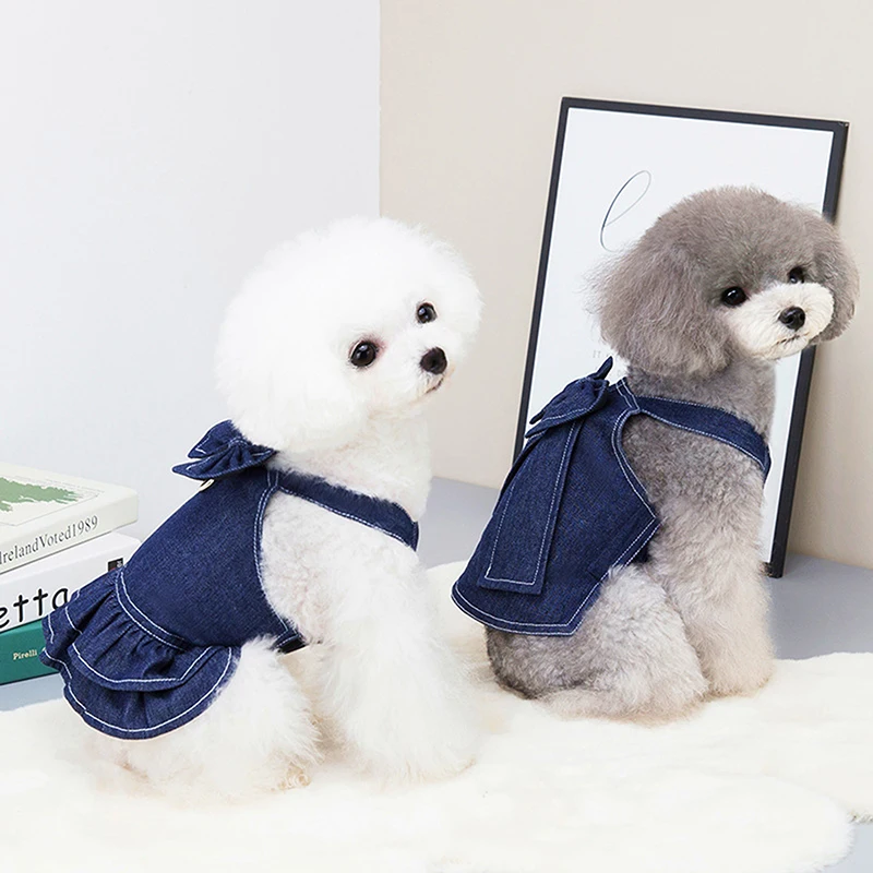 

Pet Clothes Small Dog Dress Bowknot Cute Denim Skirt Comfortable Soft Tractable Coat Fashion Pretty Vest Chihuahua