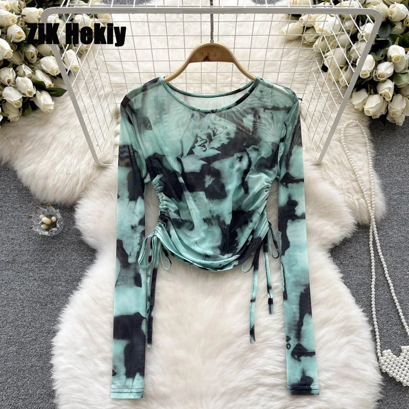 

Zik Hekiy Women Fashion Design Sense Tie-Dye Drawstring Round Neck T-Shirt Top Fall Women Long-Sleeved Bottoming Shirt Top