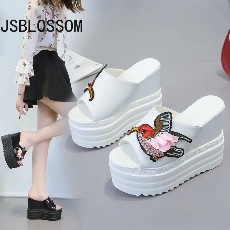 

Embroidery bird Sandals Platform Women's Wedge Fish Toe Super High Heel Sandals Slope High Heels Slippers Heels Ladies Shoes