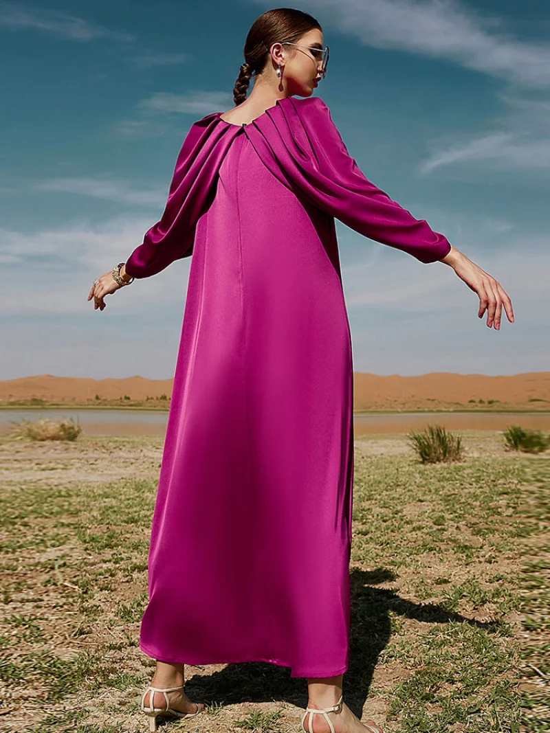 Pleated Party Abaya Women Elegant Satin Fuchsia Evening Dresses Muslim African Long Dresses Islam Turkey Modest Abayas Wedding