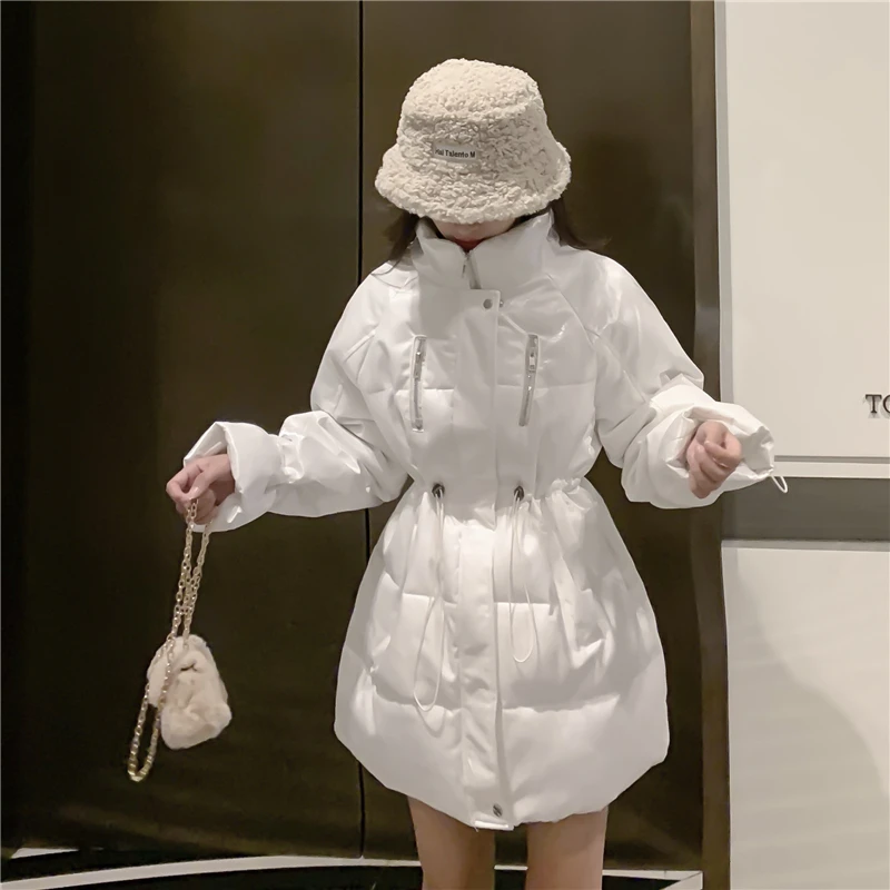 Luxurious Women's Winter Cotton Coat Casual Loose Warm White Skirt Parkas Stand Collar Elegant Overcoat Woman Korean Long Jacket