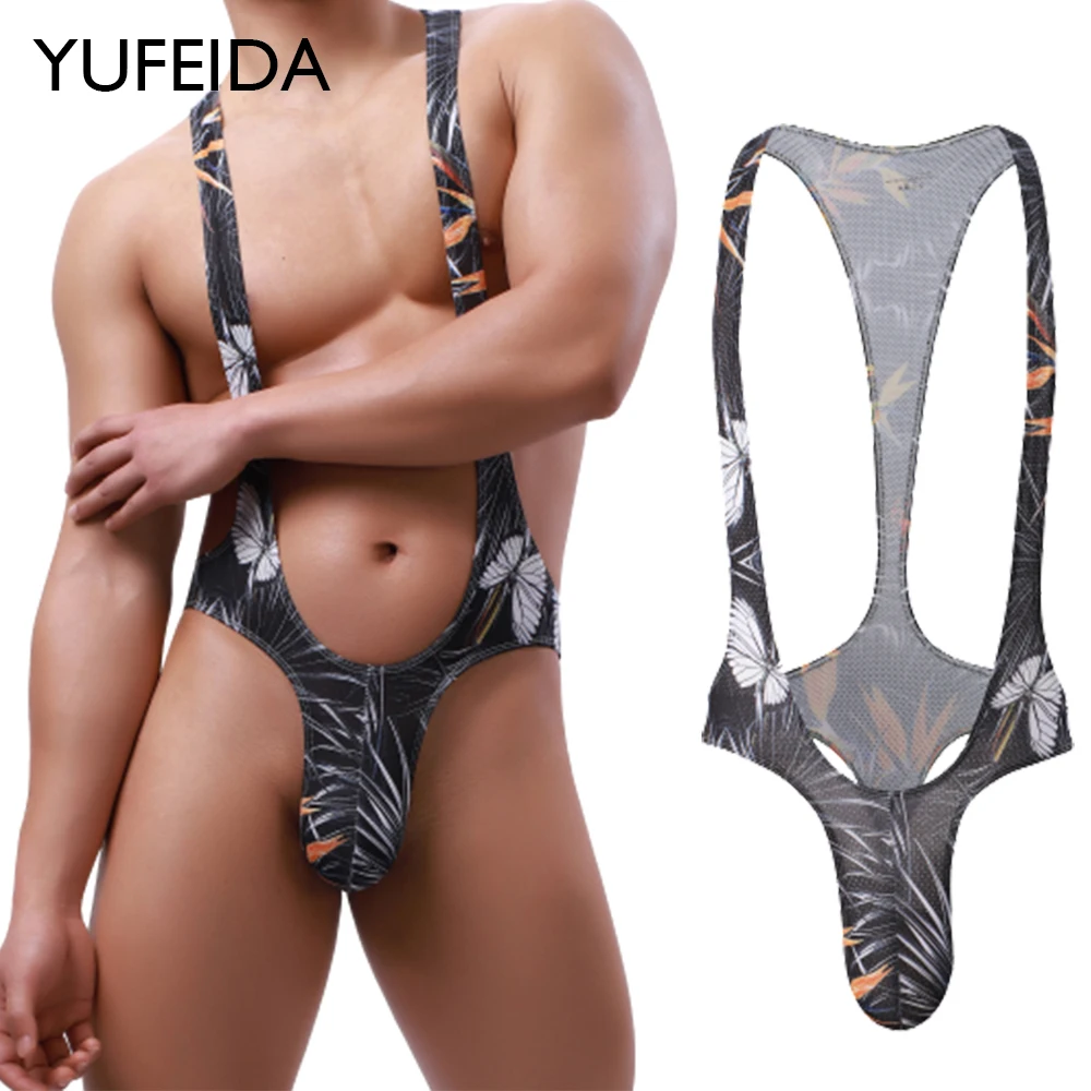 YUFEIDA Men Sexy Butterfly Printed Suspender Bodysuit Homme Wrestling Singlet Underwear Jockstrap G-String T Back Thong Jumpsuit