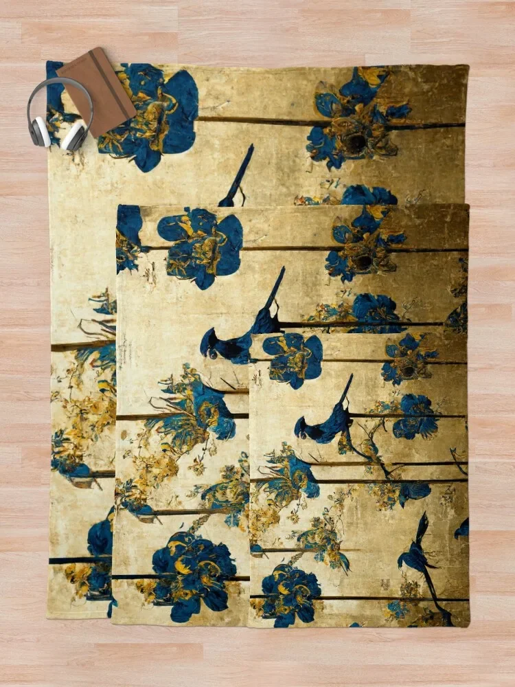 Сине-золотистая китайская живопись с птицами и цветами плед одеяло мягкие