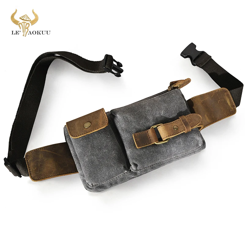 

Water Resistant Canvas + Nature Leather Male Crossbody Sling Bag Cigarette Case Travel Fanny Waist Pack Belt Bag For Men 8135