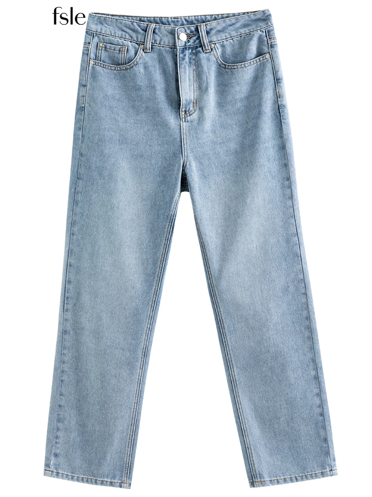 FSLE French Baguette Women Jeans Spring 2022 Высокая талия Свободные прямые брюки Cool Ice Muscle Denim Blue Long Trousers