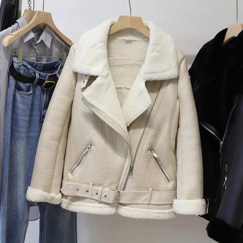 

Ailegogo New Winter Women PU Leather Jacket Faux Lamb Leather Jacket Aviator Jacket Thick Faux Leather Fur Sheepskin Coat