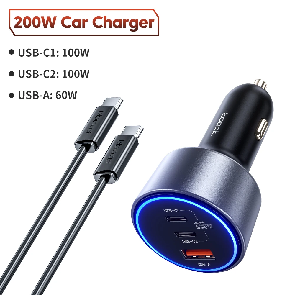

Автомобильное зарядное устройство Toocki 200 Вт USB C для QC4.0 PD3.0 с суперзарядкой, светодиодное многопортовое автомобильное зарядное устройство типа C для Samsung S23 iPhone 15