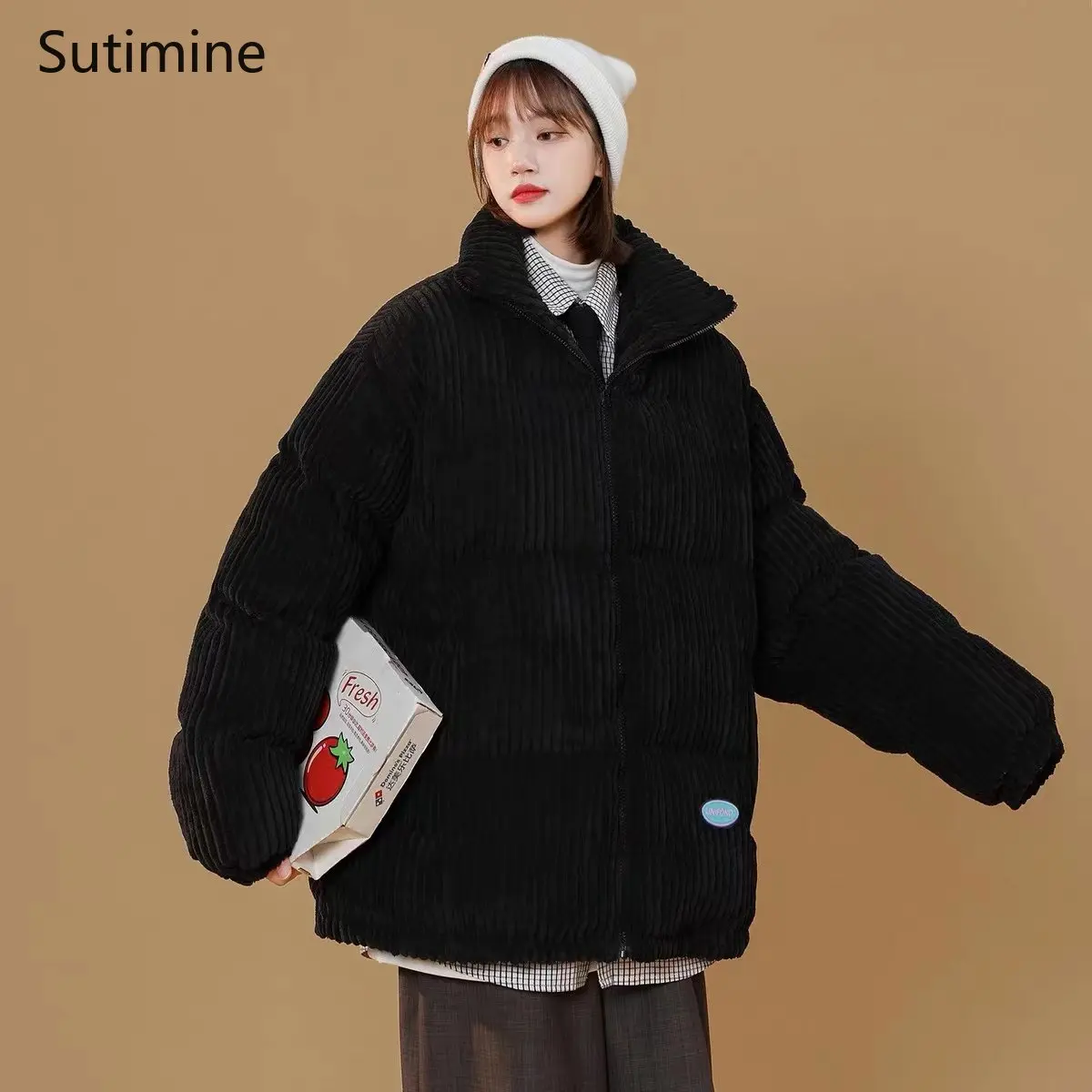 Winter Clothes Women Office Lady Pockets Corduroy Women's Winter Oversize Design Coat Zipper Loose Coat Women Winter Jacket