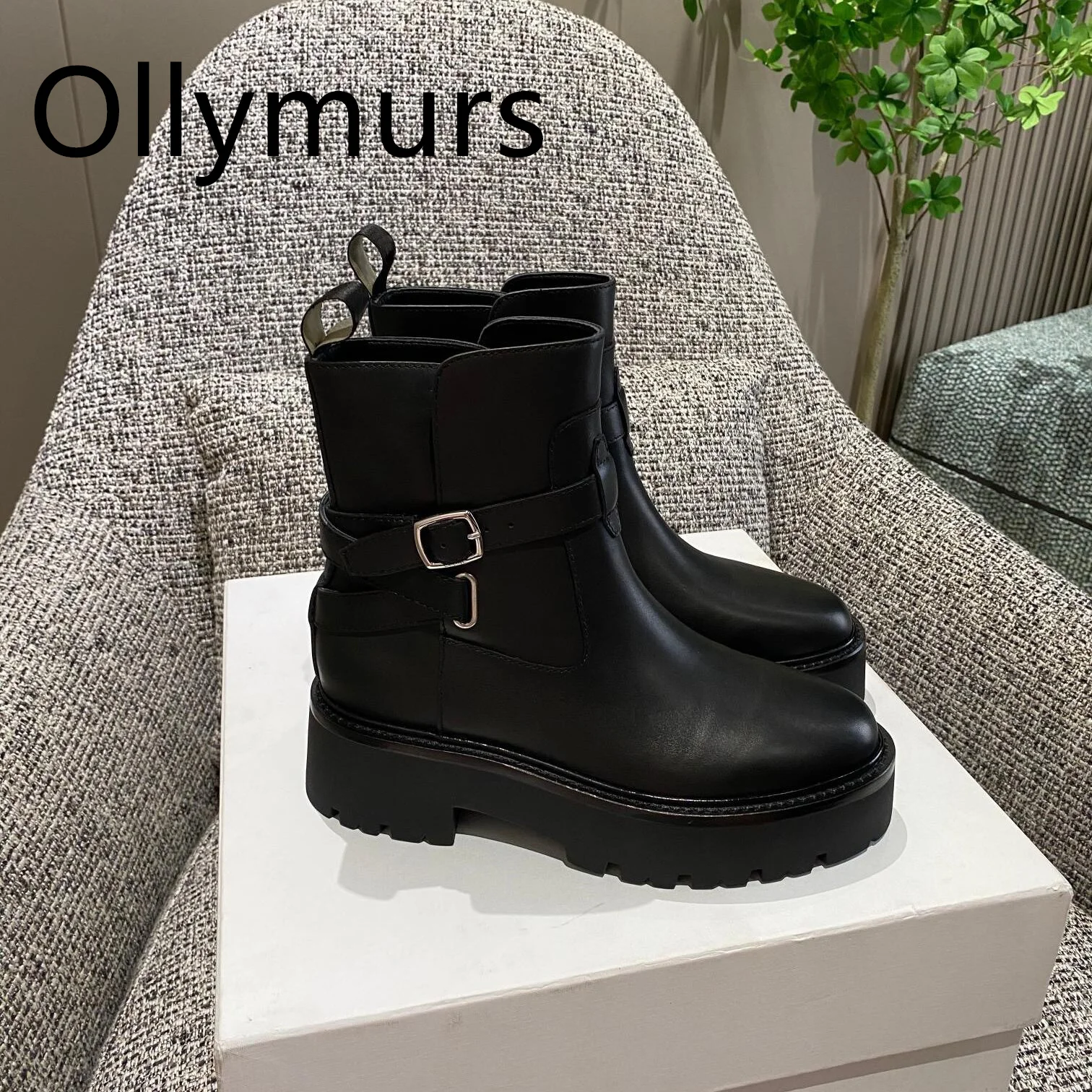 

Shoes For Women Genuine Leather Black Autumn Winter Boots Platform Med Low Heel Luxury Designer Lace Up Short Boots Quality